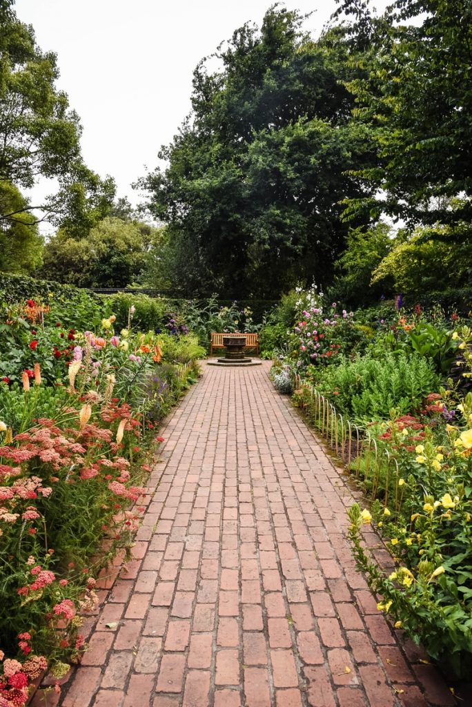 garden brown brick pathway between green plants during daytime