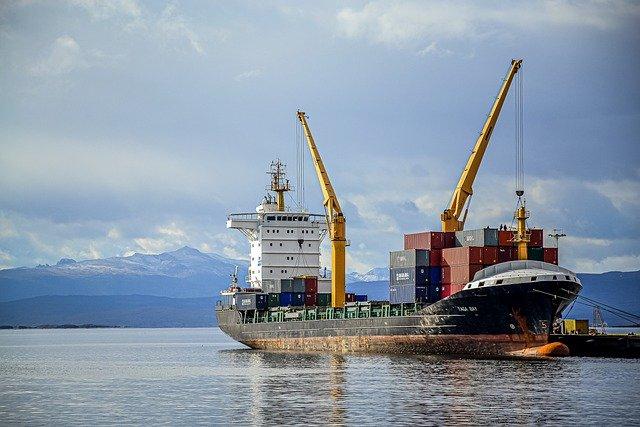 A cargo ship on the sea.