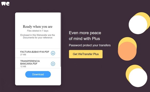 A fake WeTransfer page created using the same phish kit as the target campaign sites