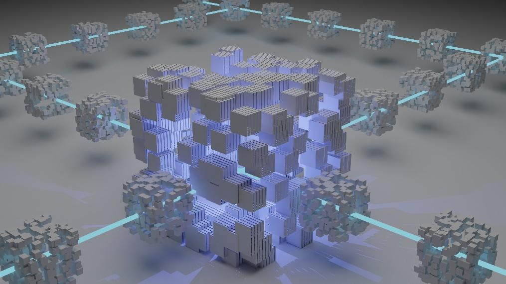 A blockchain network illustration showcasing interconnected blocks.