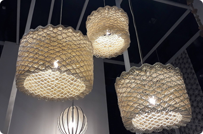 Lighting fixtures made of coconut husks featured at the Manila FAME exhibition in 2017.