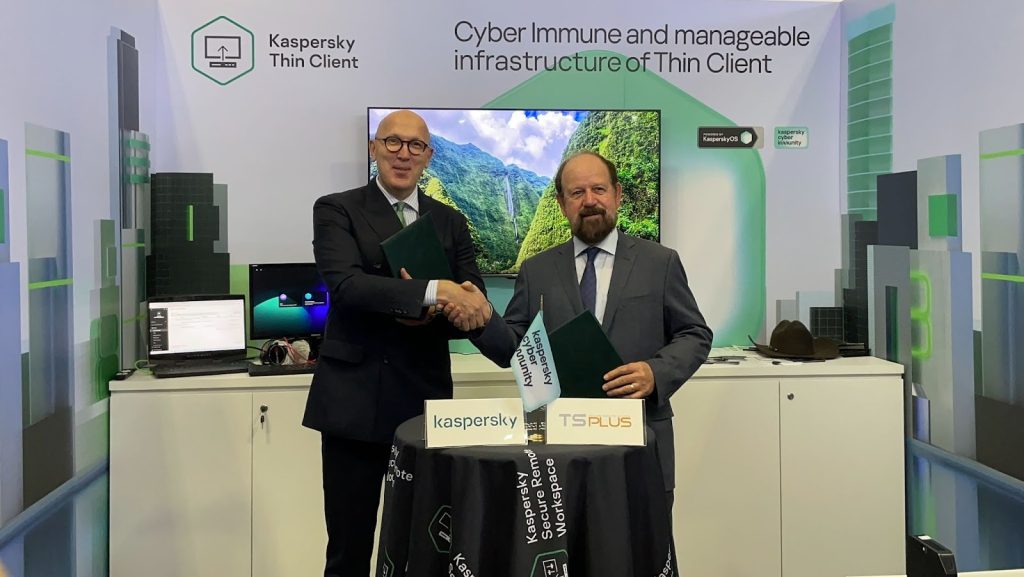 (From left) Andrey Suvorov, Head of KasperskyOS Business with Dominique Benoit, CEO of TSplus