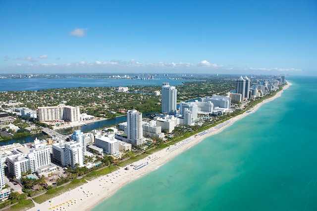 The buildings and sandy coast in Miami Beach