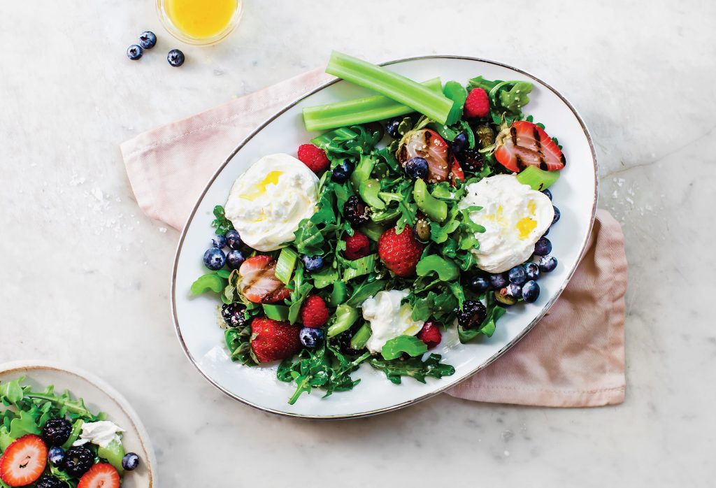 Fresh Salad with Grilled Strawberries and Celery Berries and Burrata